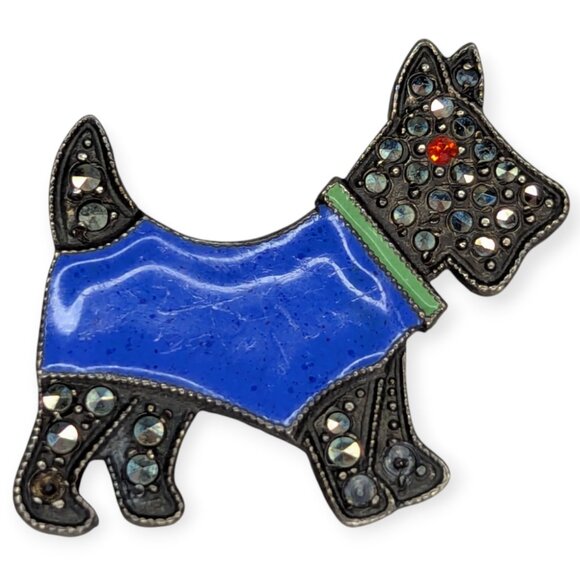 Vtg Sterling Silver Blue & Black Enameled Scotty Dog Pin/Brooch - Picture 1 of 8